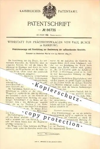 original Patent - Werkstatt für Präzisionswaagen - Paul Bunge , Hamburg , 1895 , Präzisionswaage , Waage , Waagen !!