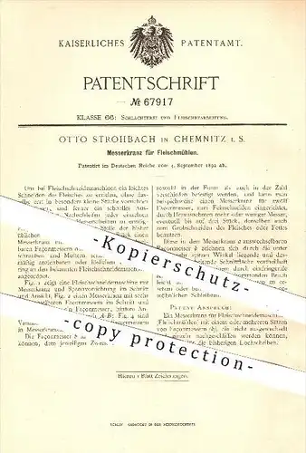 original Patent - O. Strohbach , Chemnitz , 1892 , Messerkranz für Fleischmühle , Fleischwolf , Schlachterei , Fleischer