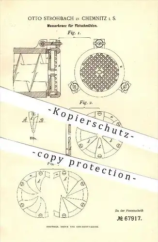 original Patent - O. Strohbach , Chemnitz , 1892 , Messerkranz für Fleischmühle , Fleischwolf , Schlachterei , Fleischer