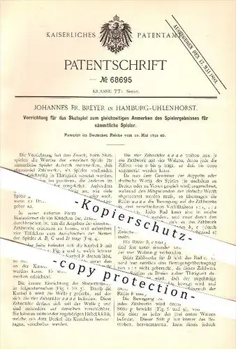 original Patent - J. F. Breyer , Hamburg - Uhlenhorst , 1892 , Zählwerk für Skatspiel , Skat , Kartenspiel , Sport