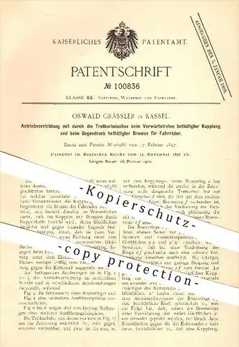 original Patent - Oswald Grässler , Kassel , 1897 , Antrieb für Fahrräder , Fahrrad , Bremse , Bremsen , Kupplung !!!