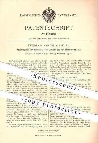 original Patent - Friedrich Mendel , Erfurt , 1897 , Abdampfgefäß zur Gewinnung von Glyzerin , Seife , Laugen , Chemie !