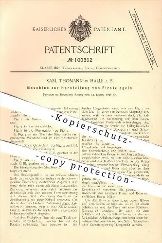 original Patent - Karl Thomann , Halle / Saale , 1898 , Herstellung von First - Ziegel , Ziegelei , Dach , Dachdecker !!