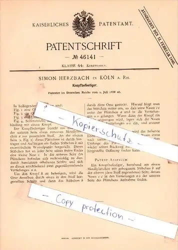 Original Patent  - Simon Herzbach in Köln a. Rh. , 1888 , Knopfbefestiger !!!