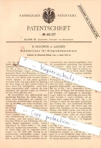 Original Patent  -  B. Salomon in Aachen , 1888 , Schüttrinnen für Erdgrabemaschinen , Strassenbau , Tiefbau !!!