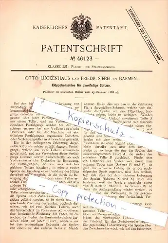 Original Patent  - Otto Lückenhaus und Friedr. Siebel in Barmen b. Wuppertal , 1888 , Klöppelmaschine !!!
