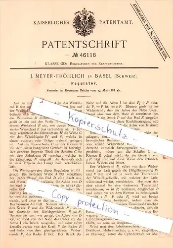 Original Patent  - J. Meyer-Fröhlich in Basel , Schweiz , 1888 ,  Regulator !!!