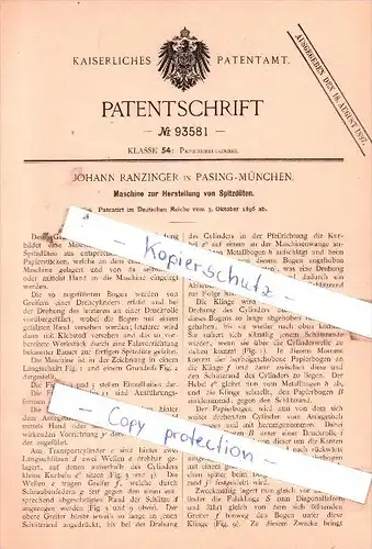 Original Patent  - Johann Ranzinger in Pasing-München , 1896 , Herstellung von Spitzdüten !!!