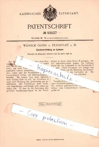 Original Patent  - Wilhelm Gloss in Frankfurt a. M. , 1896 , Löschvorrichtung an Lampen !!!