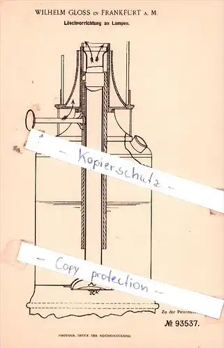 Original Patent  - Wilhelm Gloss in Frankfurt a. M. , 1896 , Löschvorrichtung an Lampen !!!