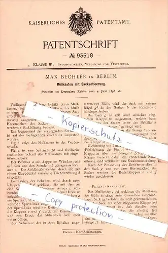 Original Patent  - Max Bechler in Berlin , 1896 , Müllkasten mit Sackentleerung !!!