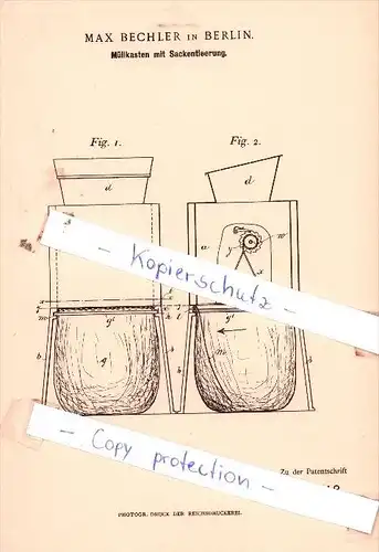 Original Patent  - Max Bechler in Berlin , 1896 , Müllkasten mit Sackentleerung !!!