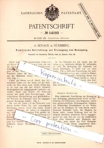 Original Patent  - A. Benack in Nürnberg , 1890 , Elektrische Apparate !!!