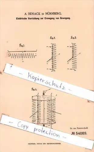 Original Patent  - A. Benack in Nürnberg , 1890 , Elektrische Apparate !!!
