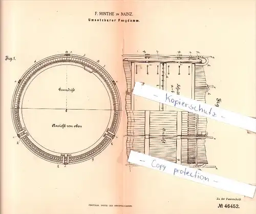 Original Patent  - F. Minthe in Mainz , 1888 , Umsetzbarer Fangdamm !!!