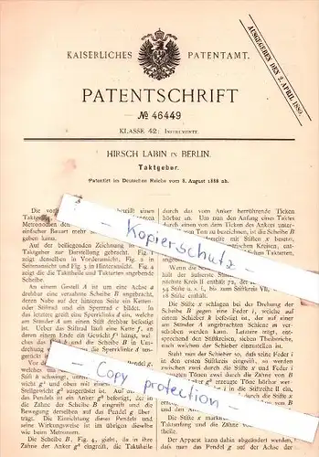 Original Patent  - Hirsch Labin in Berlin , 1888 , Taktgeber , Instrumente !!!