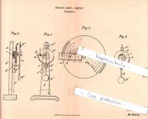 Original Patent  - Hirsch Labin in Berlin , 1888 , Taktgeber , Instrumente !!!