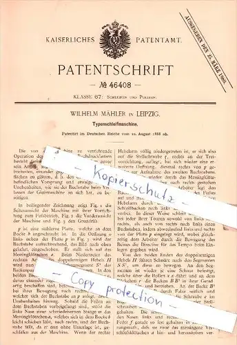 Original Patent  - Wilhelm Mähler in Leipzig , 1888 , Typenschleifmaschine !!!