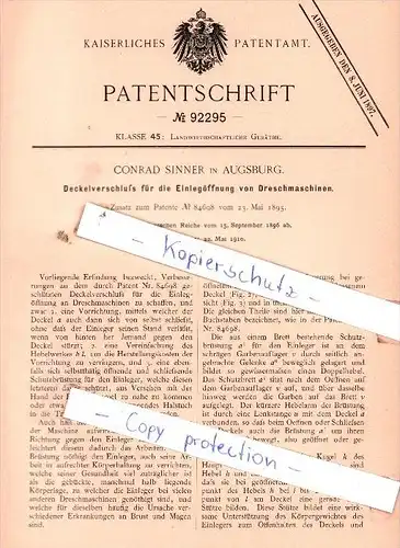 Original Patent  - Conrad Sinner in Augsburg , 1896 , Landwirthschaftliche Geräthe !!!