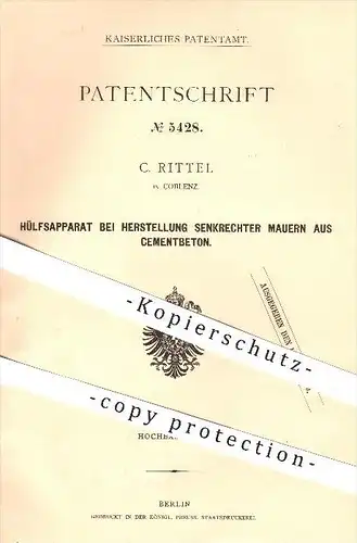 original Patent - C. Rittel in Koblenz , 1878 , Mauern aus Zement , Beton , Mauer , Maurer , Hochbau , Bau !!!
