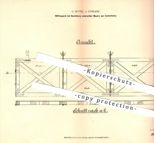 original Patent - C. Rittel in Koblenz , 1878 , Mauern aus Zement , Beton , Mauer , Maurer , Hochbau , Bau !!!