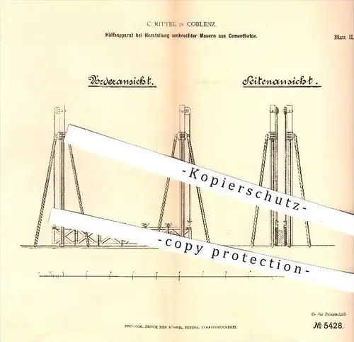 original Patent - C. Rittel in Koblenz , 1878 , Mauern aus Zement , Beton , Mauer , Maurer , Hochbau , Bau !!!