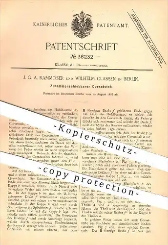 original Patent - J. G. A. Rammoser , Wilhelm Classen , Berlin , 1886 , Zusammenschiebbarer Korsettstab , Korsett !!