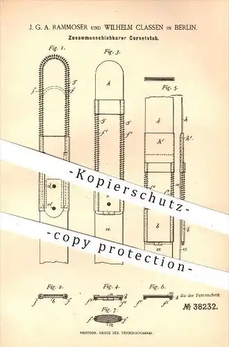 original Patent - J. G. A. Rammoser , Wilhelm Classen , Berlin , 1886 , Zusammenschiebbarer Korsettstab , Korsett !!