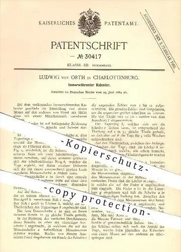 original Patent - Ludwig von Orth in Charlottenburg , 1884 , Immerwährender Kalender , Kalendarium , Zeit , Monat , Tag