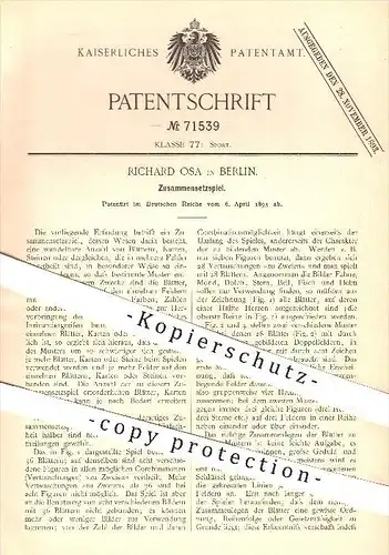 original Patent - Richard Osa in Berlin , 1893 , Zusammensetzspiel , Spiel , Spielen , Spielzeug , Domino , Dominospiel