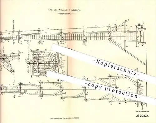 original Patent - F. W. Schwieger in Leipzig , 1882 , Feuerwehr - Leiter , Rettungswesen , Rettung , Leitern !!!