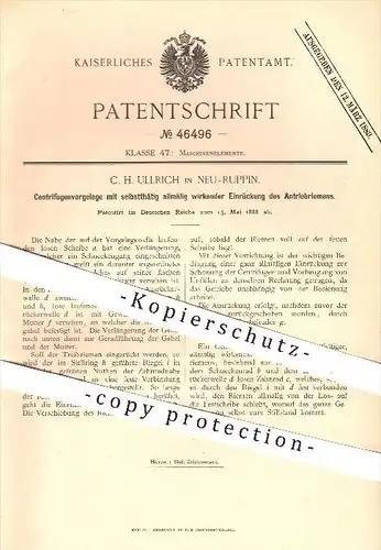 original Patent - C. H. Ullrich in Neuruppin , 1888 , Zentrifugenvorgelege , Zentrifuge , Antriebriemen , Antrieb !!