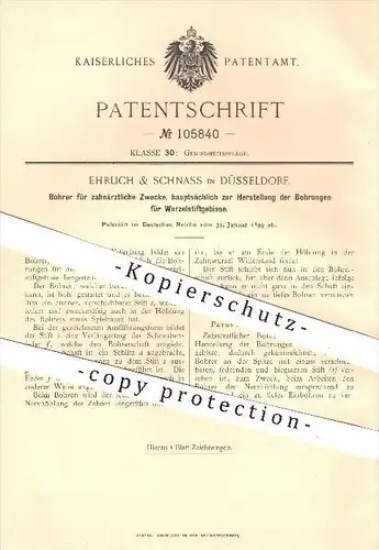 original Patent - Ehrlich & Schnass in Düsseldorf , 1899 , Bohrer für zahnärztliche Zwecke , Zahn , Zähne , Zahnarzt !!!