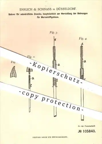 original Patent - Ehrlich & Schnass in Düsseldorf , 1899 , Bohrer für zahnärztliche Zwecke , Zahn , Zähne , Zahnarzt !!!