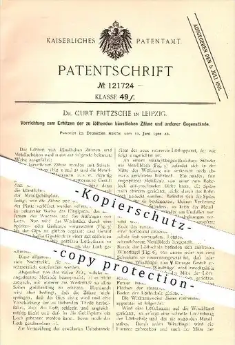 original Patent - Dr. Fritzsche , Leipzig , 1900 , Erhitzen von zu lötenden künstlichen Zähnen , Zahn , Zähne , Zahnarzt