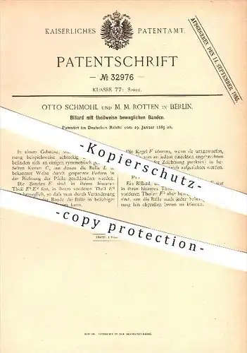 original Patent - Otto Schmohl , M. M. Rotten , Berlin , 1885 , Billard mit beweglichen Banden , Billardspiel , Sport !!