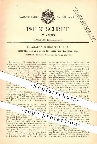 original Patent - F. Langbein in Frankfurt / Oder , 1894 , Läutewerk für Eisenbahn - Übergänge , Eisenbahnen , Signal !!