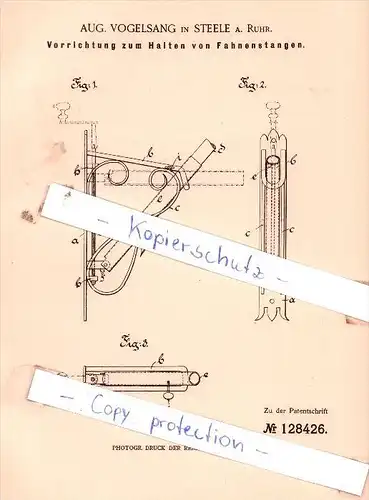 Original Patent  - Aug. Vogelsang in Steele a. Ruhr b. Essen , 1901 , Halten von Fahnenstangen !!!