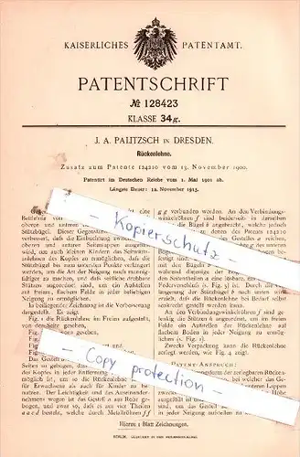 Original Patent  - J. A. Palitzsch in Dresden , 1901 , Rückenlehne !!!