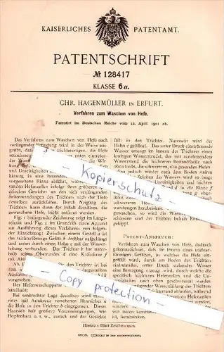 Original Patent  - Chr. Hagenmüller in Erfurt , 1901 , Verfahren zum Waschen von Hefe !!!