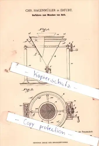 Original Patent  - Chr. Hagenmüller in Erfurt , 1901 , Verfahren zum Waschen von Hefe !!!