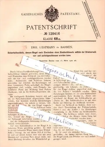 Original Patent  - Emil Uerpmann in Barmen b. Wuppertal , 1901 , Sicherheitsschloß !!!