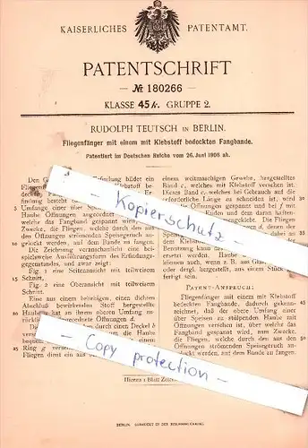 Original Patent  - Rudolph Teutsch in Berlin , 1906 , Fliegenfänger  !!!