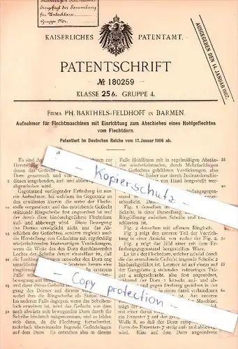 Original Patent  - Firma Ph. Barthels-Feldhoff in Barmen b. Wuppertal , 1906 , Aufnehmer für Flechtmaschinen !!!