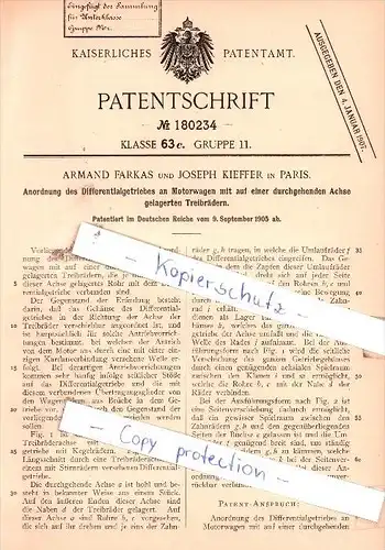 Original Patent  - A. Farkas und J. Kieffer in Paris , 1905 ,  Differentialgetriebe an Motorwagen !!!