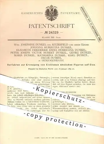original Patent - Josephine Dunkel geb. Ritzerfeld , Herzogenrath , 1883 , Erzeugung von Eisblumen - Figuren auf Glas !!