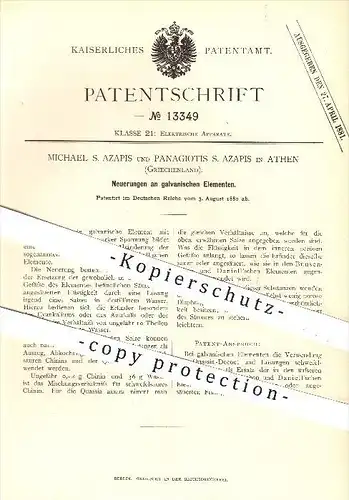 original Patent - Michael & Panagiotis S. Azapis in Athen , 1880 , galvanische Elemente , Strom , Elektrik , Bunsen !!!