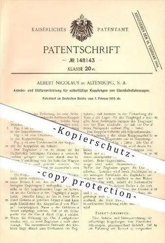 original Patent - Albert Nicolaus in Altenburg , 1903 , Anheben u. Stützen der Kupplungen an Eisenbahnen , Eisenbahn !!!
