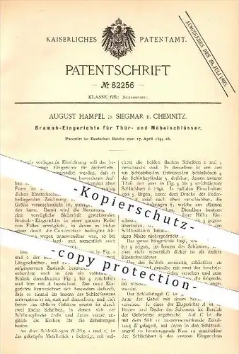 original Patent - August Hampel , Siegmar bei Chemnitz , 1894 , Bramah - Eingerichte für Türschloss , Möbelschloss , Tür