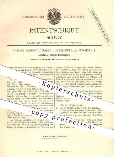 original Patent - Johann Traugott Fabel in Ober - Eula , Nossen , 1882 , Lenkbarer Schieb - Schneepflug , Pflug , Pflüge
